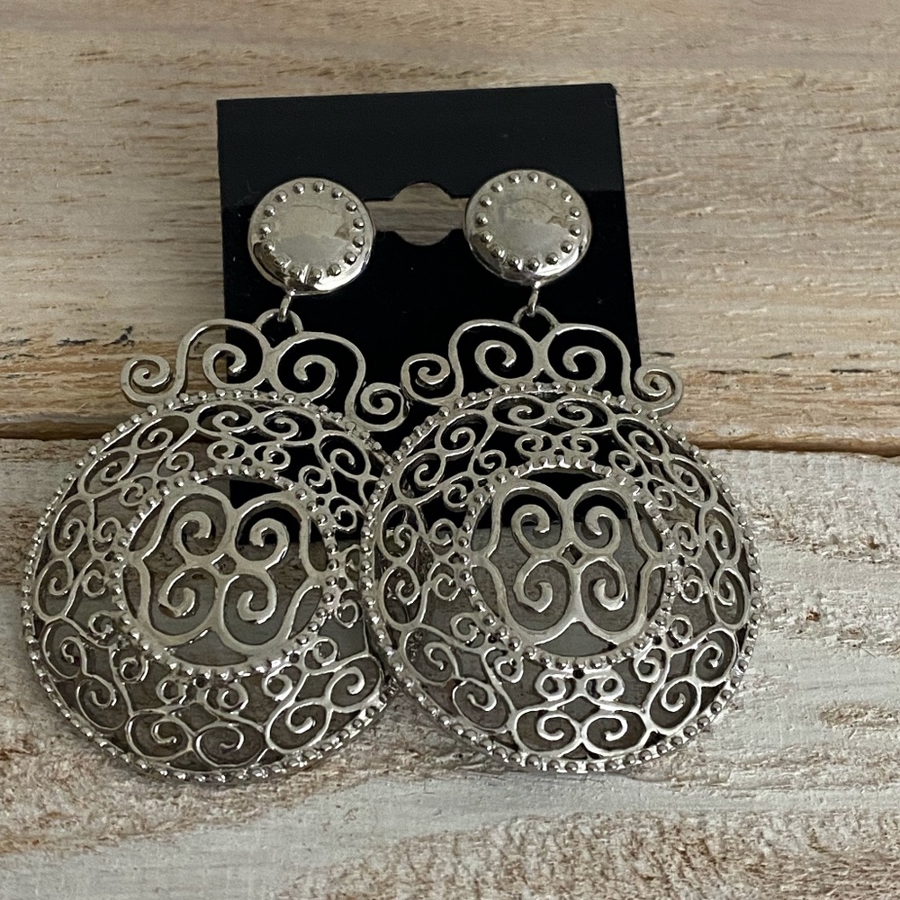 Signed  Stainless Steel  Silver Tone Filigree Dangle Pierced Earrings